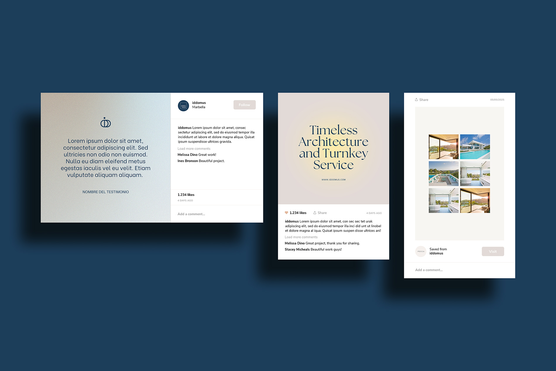 Mxin - Diseño de identidad visual y plantillas corporativas para Instagram de IDDOMUS: arquitectura , diseño y construcción de villas de lujo en la Costa del Sol. Las plantillas se plantearon para transmitir elegancia editorial, consistencia y storytelling.