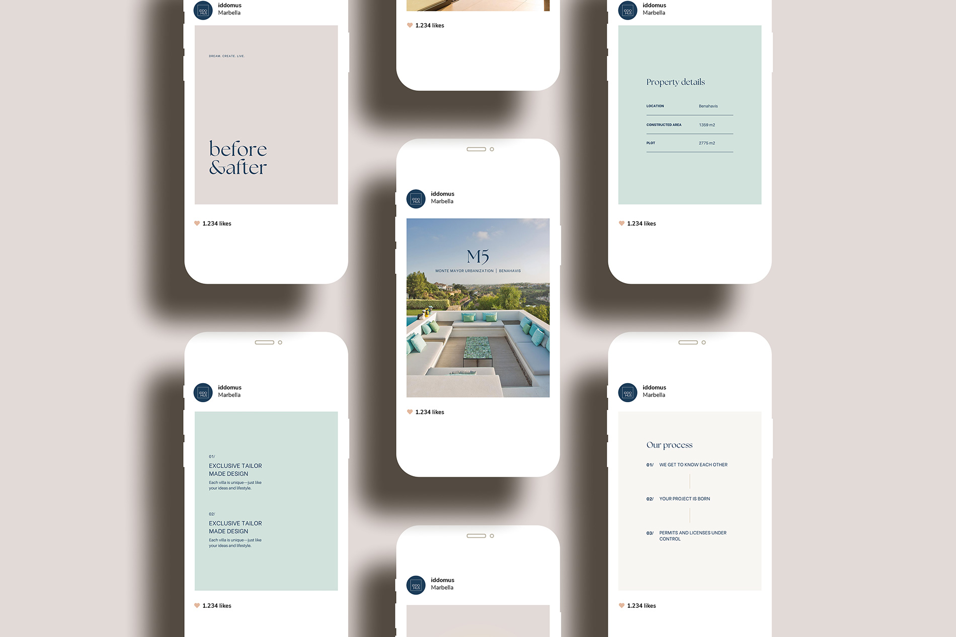 Mxin - Diseño de identidad visual y plantillas corporativas para Instagram de IDDOMUS: arquitectura , diseño y construcción de villas de lujo en la Costa del Sol. Las plantillas se plantearon para transmitir elegancia editorial, consistencia y storytelling.