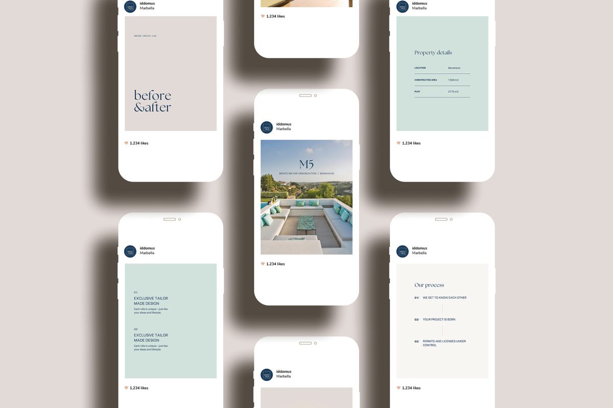 Mxin - Diseño de identidad visual y plantillas corporativas para Instagram de IDDOMUS: arquitectura , diseño y construcción de villas de lujo en la Costa del Sol. Las plantillas se plantearon para transmitir elegancia editorial, consistencia y storytelling.