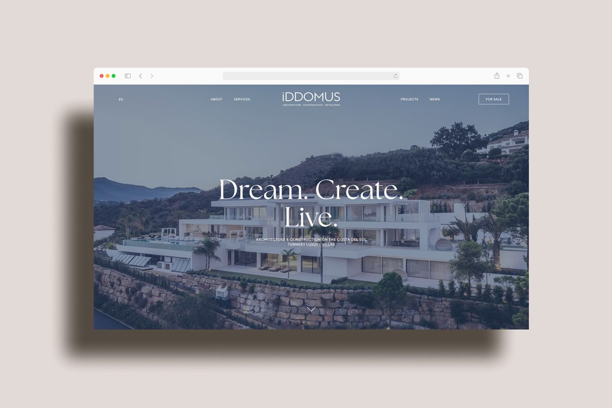 Mxin - Diseño de identidad visual y página web corporativa para IDDOMUS: arquitectura , diseño y construcción de villas de lujo en la Costa del Sol. Espacios amplios, ritmo visual suave y jerarquías claras.